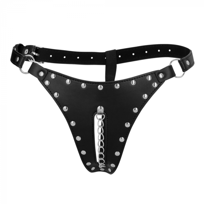 PU Leren Chastity Thong met Keten Detail - Zwart - Afbeelding 3