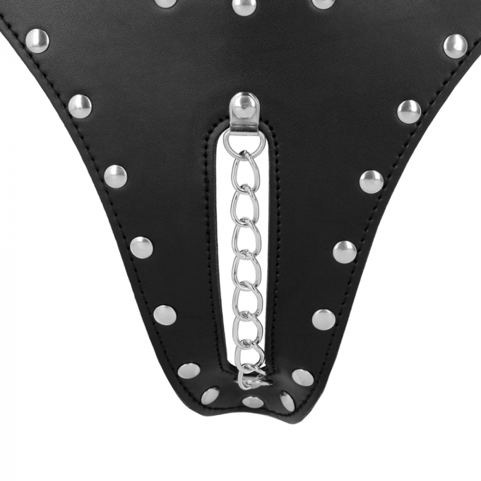 PU Leren Chastity Thong met Keten Detail - Zwart - Afbeelding 5