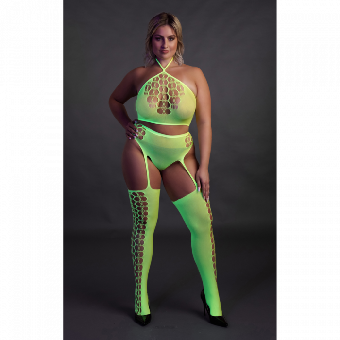 Twee-delige set met crop top en kousen - Plus Size - Neon Groen - Afbeelding 3