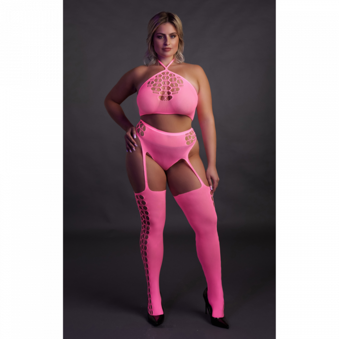 Twee Delige Set met Crop Top en Kousen - Plus Size - Neon Roze - Afbeelding 3