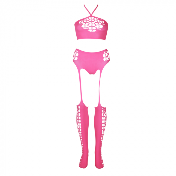 Twee Delige Set met Crop Top en Kousen - Plus Size - Neon Roze - Afbeelding 5