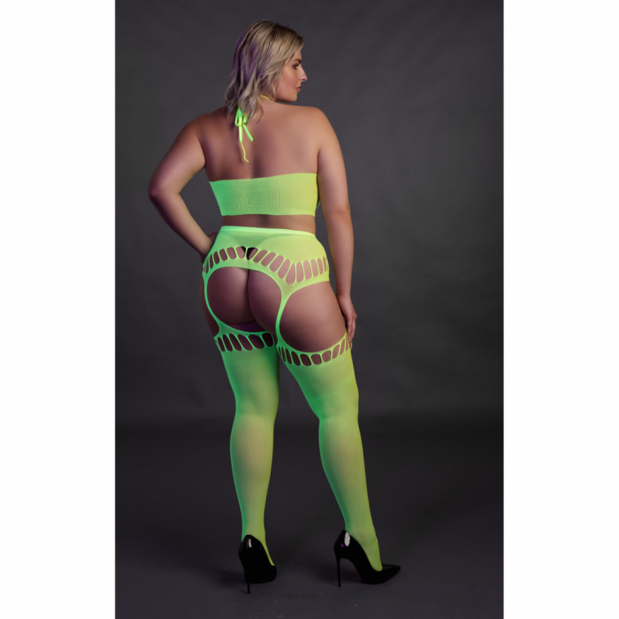Twee Delige Set met Crop Top en Kousen - Plus Size - Neon Groen - Afbeelding 3