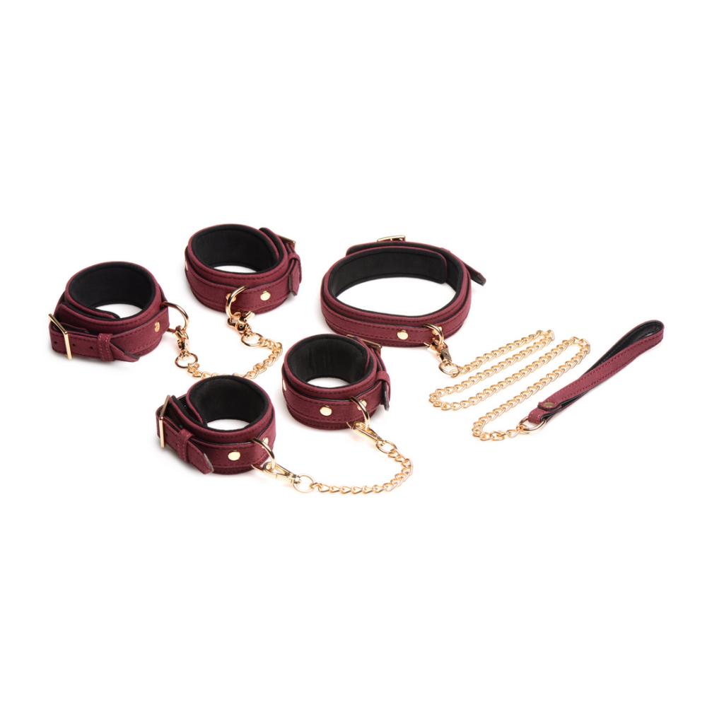 6-delige Velvet Burgundy Bondage Set met Cuffs, Collar en Belt - Afbeelding 3