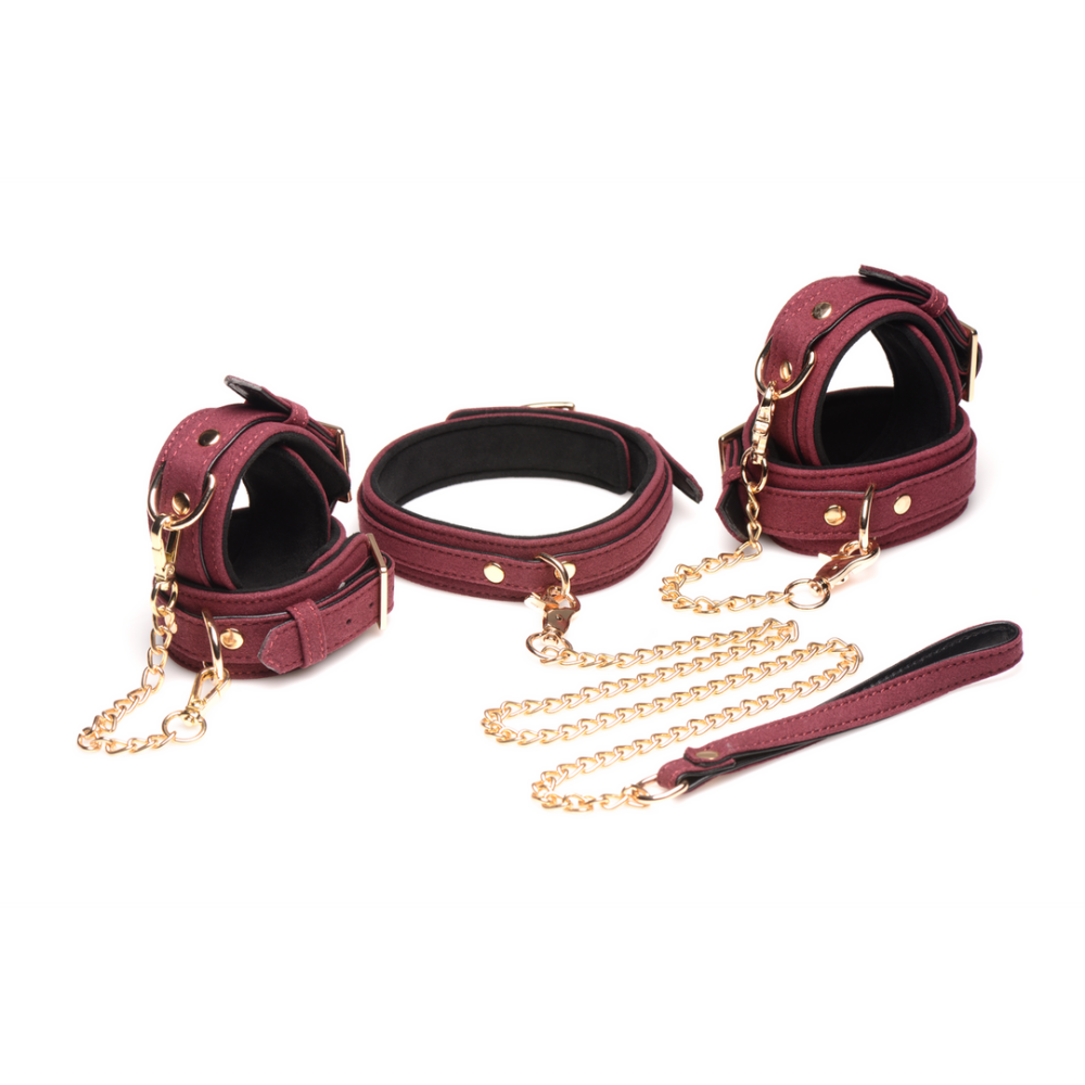 6-delige Velvet Burgundy Bondage Set met Cuffs, Collar en Belt - Afbeelding 4