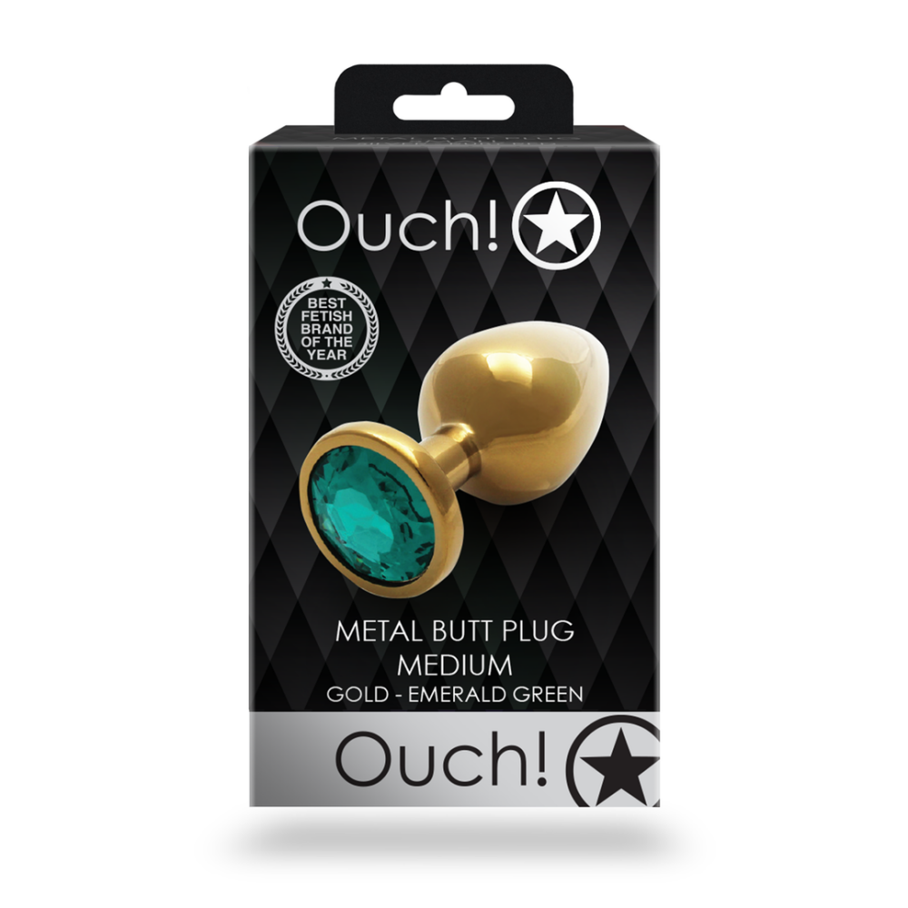 Ronde Gem Buttplug - Medium - Goud/Emerald Groen - Afbeelding 3