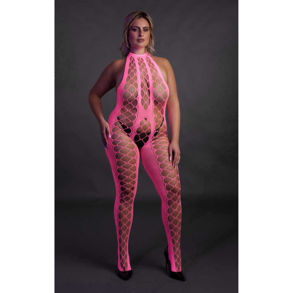 Bodystocking met Halterneck - Plus Size - Neon Roze - Afbeelding 4