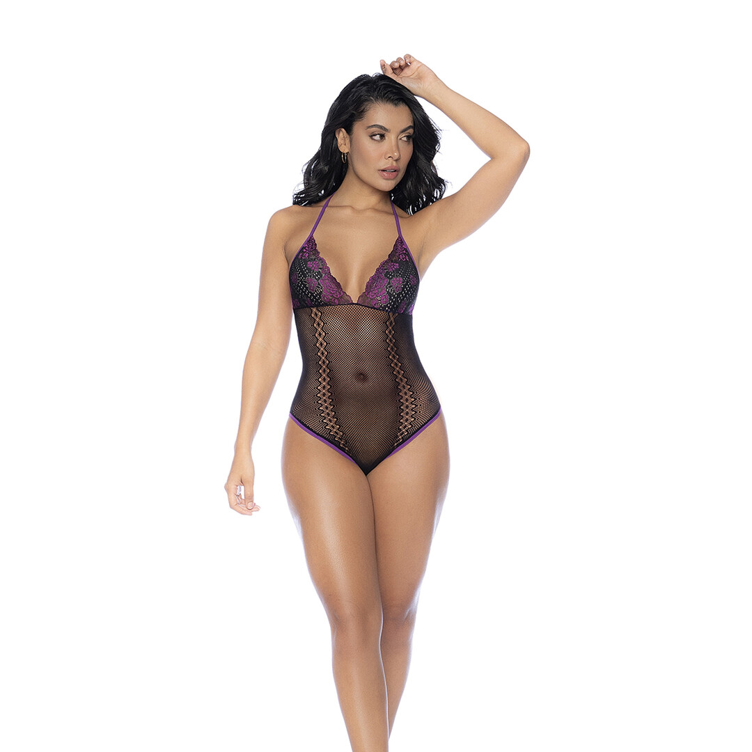 Visnet en Kant Bodysuit Set - One Size - Zwart/Paarse - Afbeelding 3