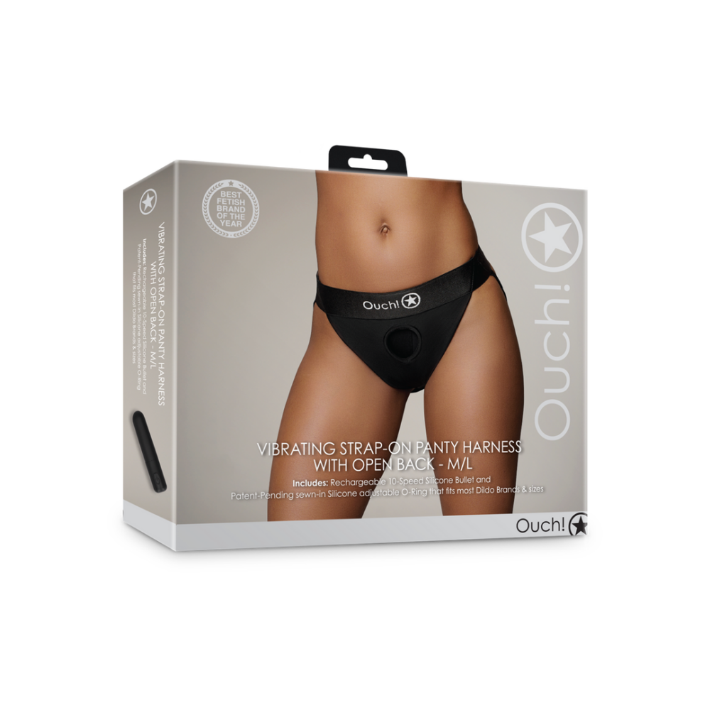Vibrerende Strap-on Panty Harnas met Open Rug - M/L - Zwart - Afbeelding 2