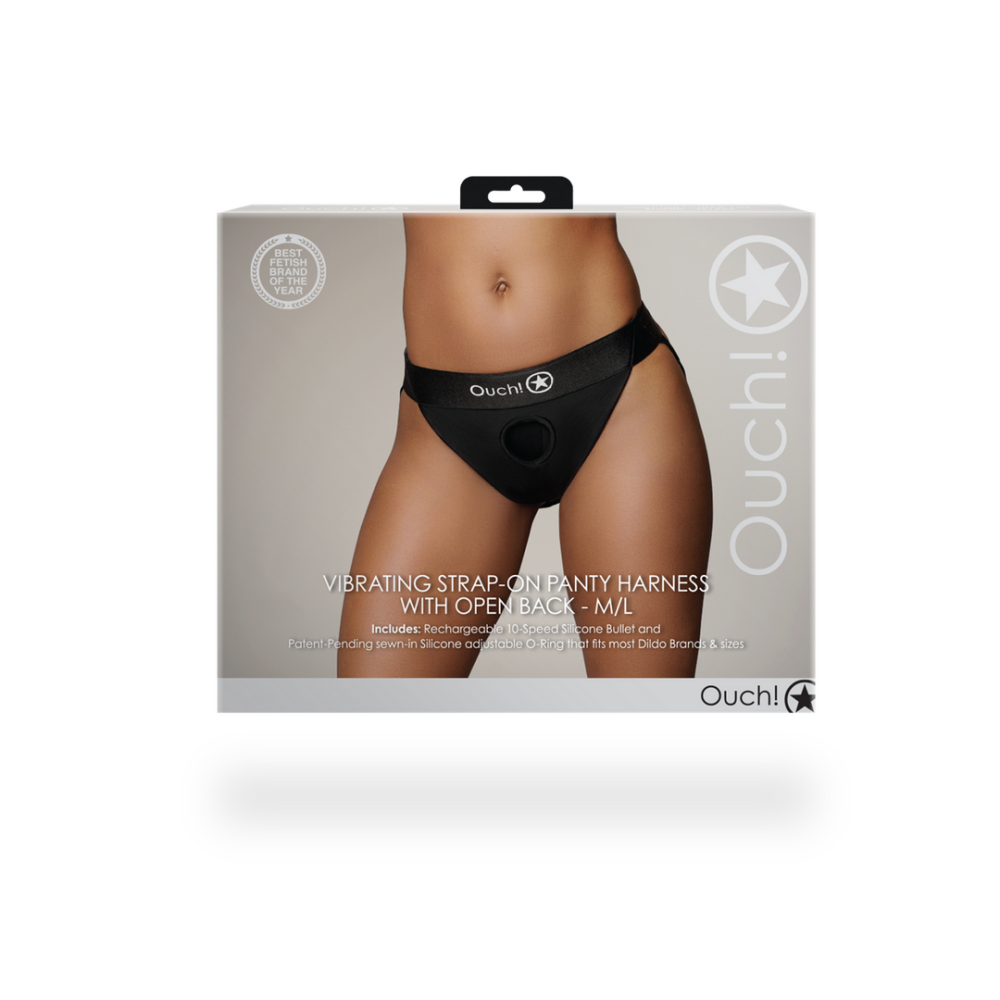 Vibrerende Strap-on Panty Harnas met Open Rug - M/L - Zwart - Afbeelding 3