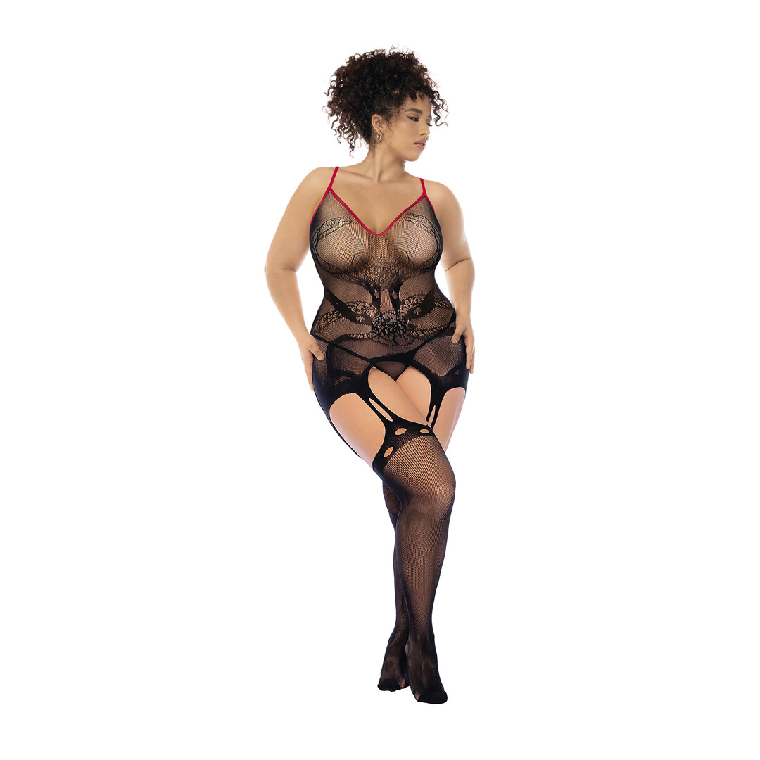 Slangen Visnet Bodystocking - Koning Maat - Zwart/Rood