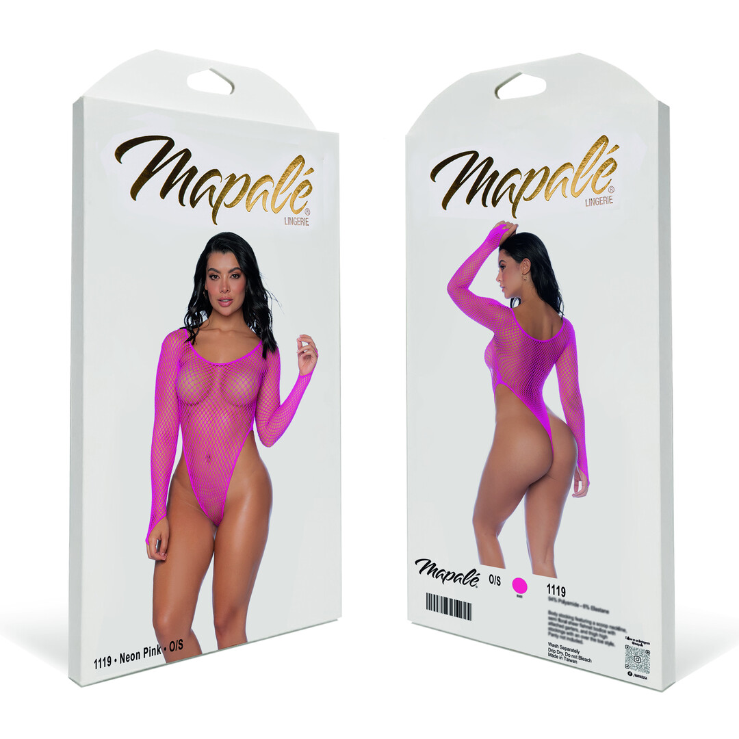 Langarm Fishnet Bodysuit - One Size - Roze - Afbeelding 2