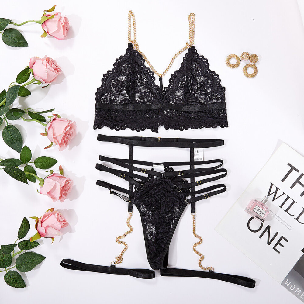Strappy Drie-delige Kant Cut-out Set met Ketten - S/M - Zwart - Afbeelding 5