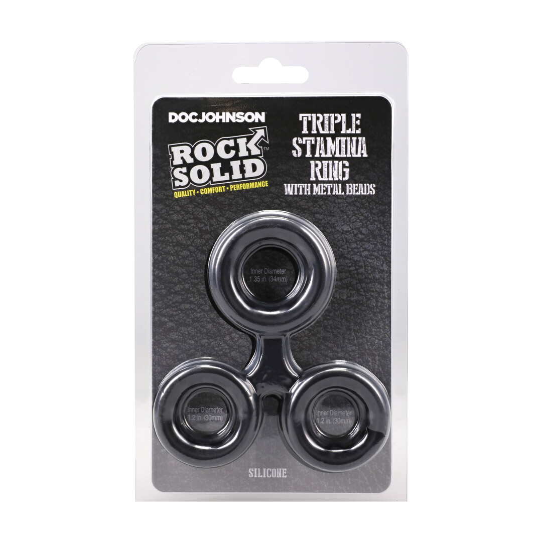 Silicone Triple Stamina Cockring with Metal Beads - Black - Afbeelding 2