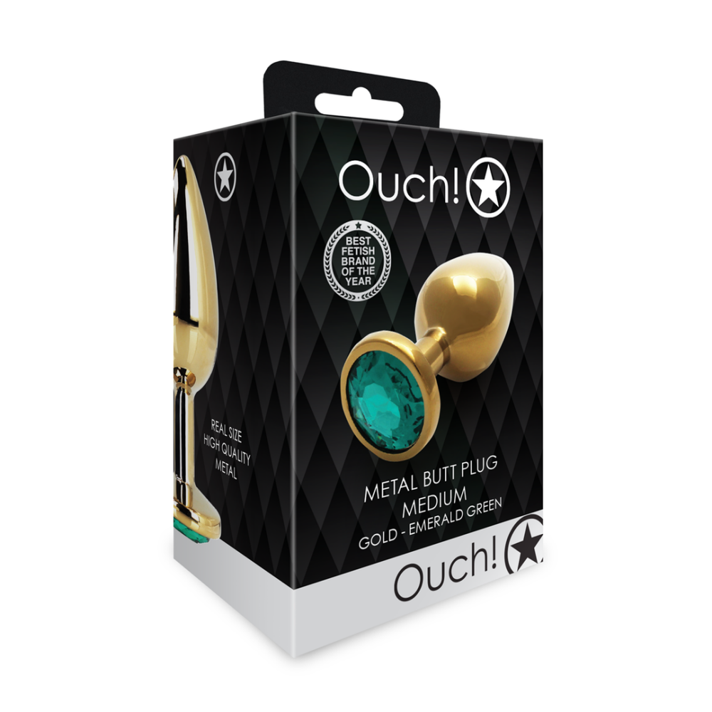 Ronde Gem Buttplug - Medium - Goud/Emerald Groen - Afbeelding 2
