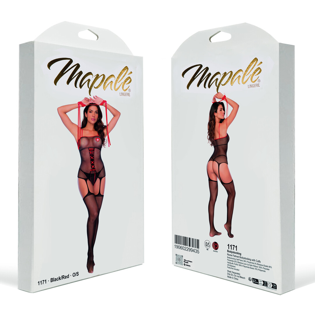 Verpleegster Visnet Bodystocking met Manchet - Één Maat - Zwart/Rood - Afbeelding 2