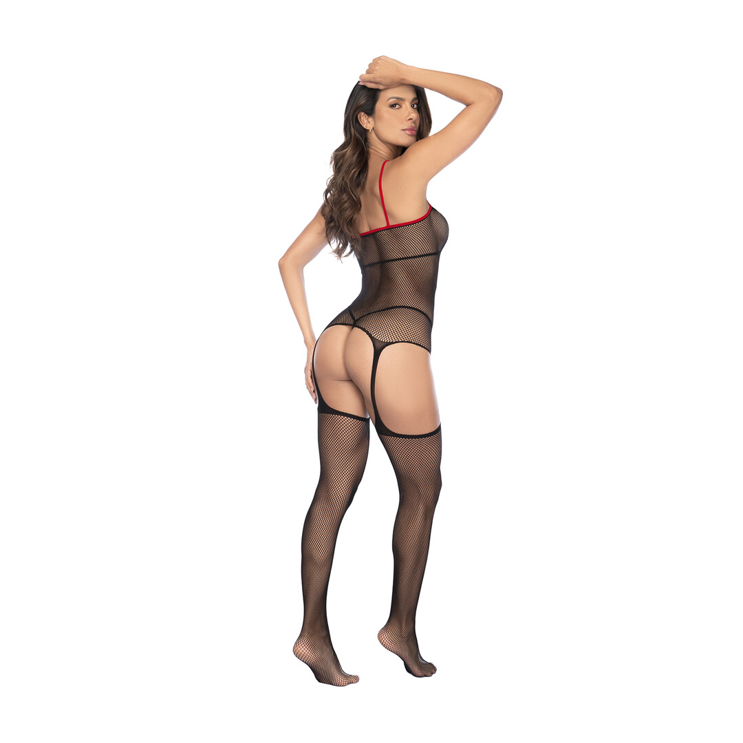 Verpleegster Visnet Bodystocking met Manchet - Één Maat - Zwart/Rood - Afbeelding 4