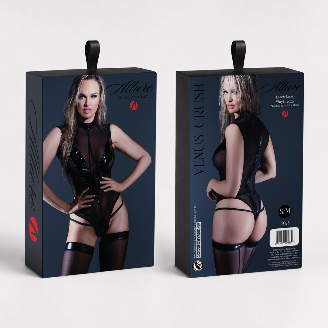 Venus Crush - Latex Look Vinyl Teddy - L/XL - Zwart - Afbeelding 2