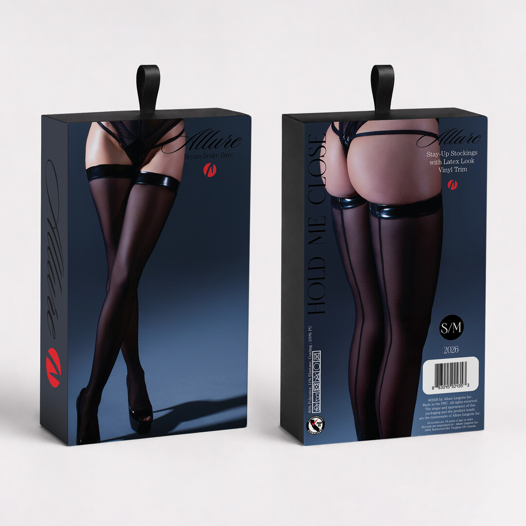 Hold Me Close - Stay Up Kousen met Latex Look Vinyl Afwerking - L/XL - Zwart - Afbeelding 2
